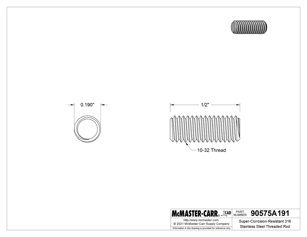 Technical Drawing of Super-Corrosion-Resistant 316 Stainless Steel Threaded Rod, 10-32 Thread Size, 1/2" Long.